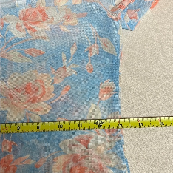 WAYF Sheer  Short Sleeve Floral Top - Blue and Peach - Picture 8 of 11